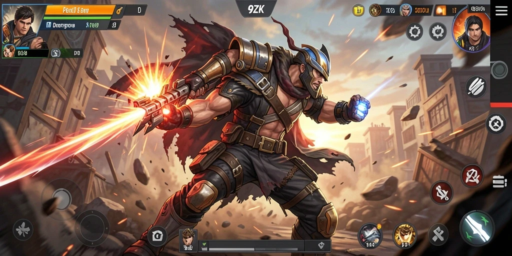 Screenshot permainan 9ZK menampilkan pertarungan aksi yang mendebarkan.