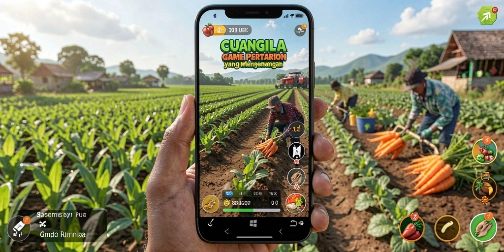 Screenshot gameplay CUANGILA menampilkan ladang yang subur dan hewan ternak.