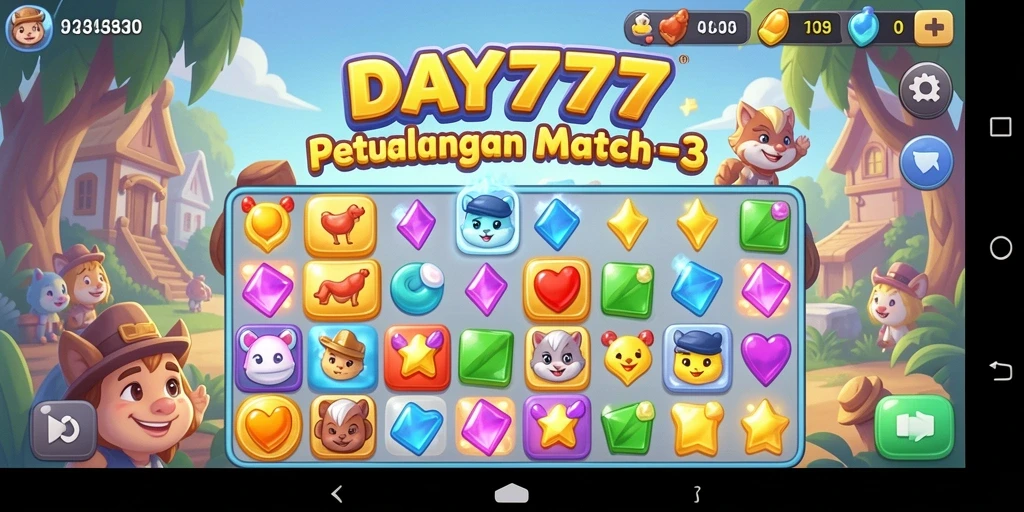 Tampilan screenshot utama DAY777 menunjukkan gameplay Match-3 yang menarik.