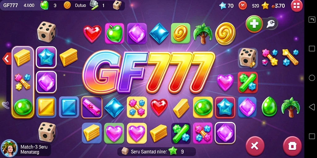 Screenshot GF777 menunjukkan keseruan gameplay Match-3 yang penuh warna.
