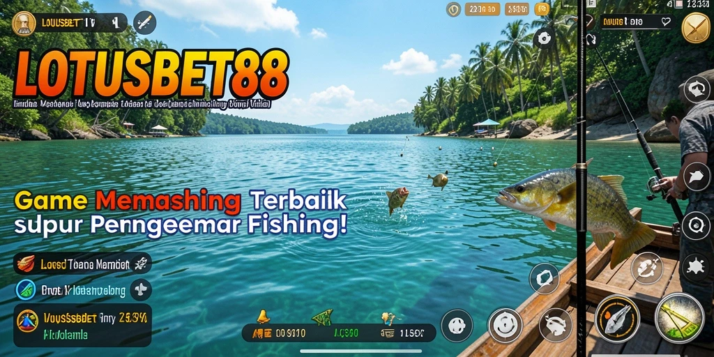Screenshot LOTUSBET88 menampilkan pemain menangkap ikan di lokasi memancing yang indah.