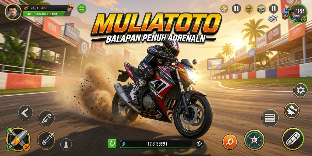 Screenshot gameplay MULIATOTO menampilkan balapan motor yang mendebarkan.
