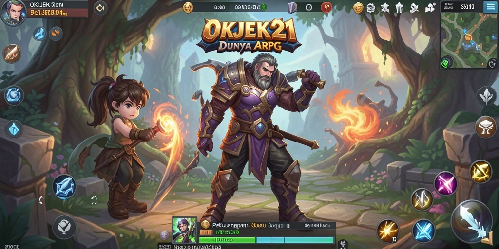 Screenshot gameplay OKJEK21 menunjukkan pertarungan epik karakter di dunia fantasi.