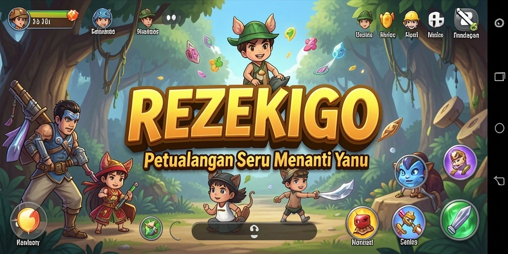 Tampilan gameplay menarik dari REZEKIGO dengan karakter menjelajah dunia petualangan.