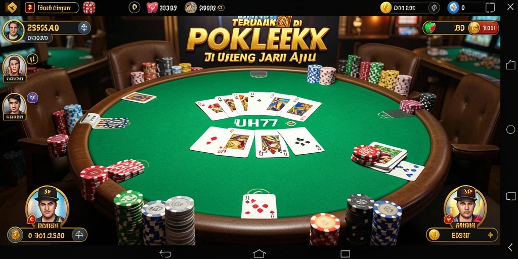 Tampilan antarmuka UH77 menampilkan gameplay Poker yang seru dan interaktif.